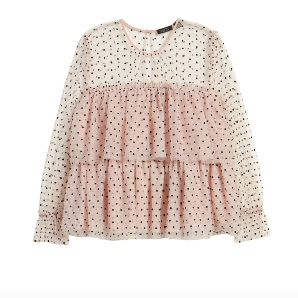 Halogen x Atlantic-Pacific Pink Polka Dot Blouse | Sheer Tiered Ruffle Top XS